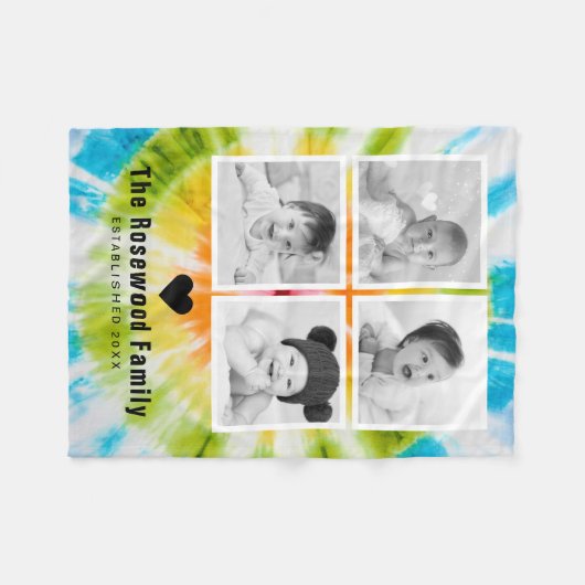 カラフル絞り染めファミリーフォトコラージュパーソナライズされた フリースブランケット (正面(横))