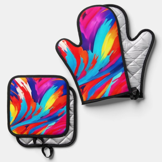 カラフル絵を描ストローク 鍋つかみ&鍋敷きセット (正面/裏面)