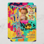 カラフル絵を描Fiesta UNO 1st誕生日パーティー写真 招待状 (正面/裏面)