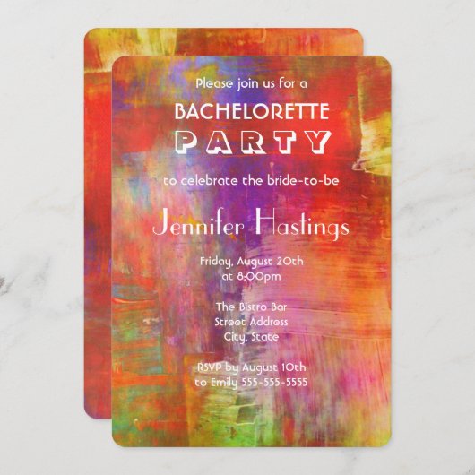 カラフル絵画はっきりした抽象芸術バチェロレッテ 招待状 (正面/裏面)