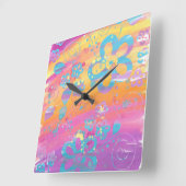 カラフル絵画フローラ スクエア壁時計 (傾斜)