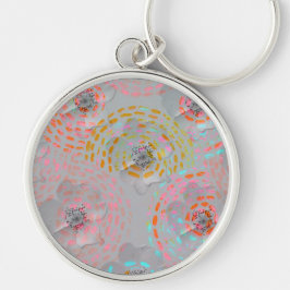 カラフル線の付いた点々のある花模様 キーホルダー
