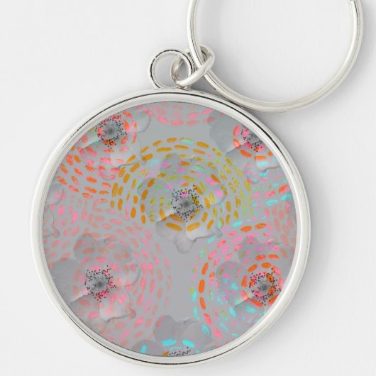 カラフル線の付いた点々のある花模様 キーホルダー (正面)