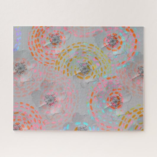 カラフル線の付いた点々のある花模様 ジグソーパズル (横)