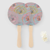 カラフル線の付いた点々のある花模様 ハンドファン (正面&裏面)