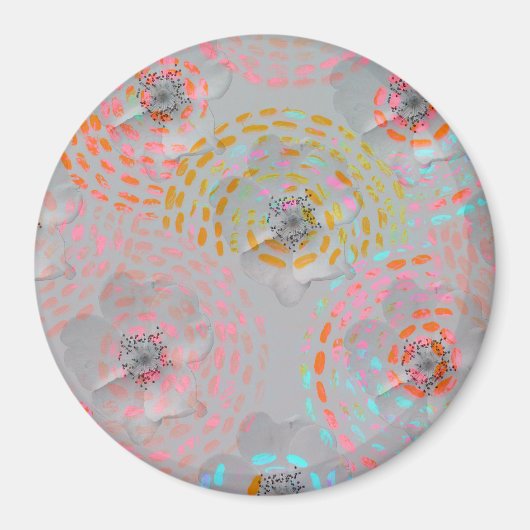 カラフル線の付いた点々のある花模様 マグネット (正面)