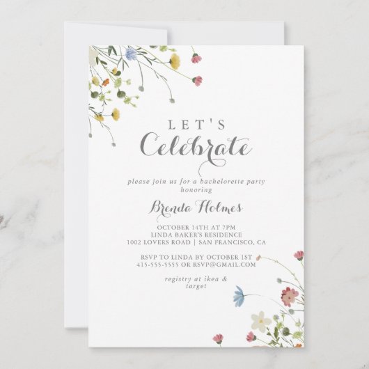 カラフル美しい野生の花が祝パーティー 招待状 (正面)