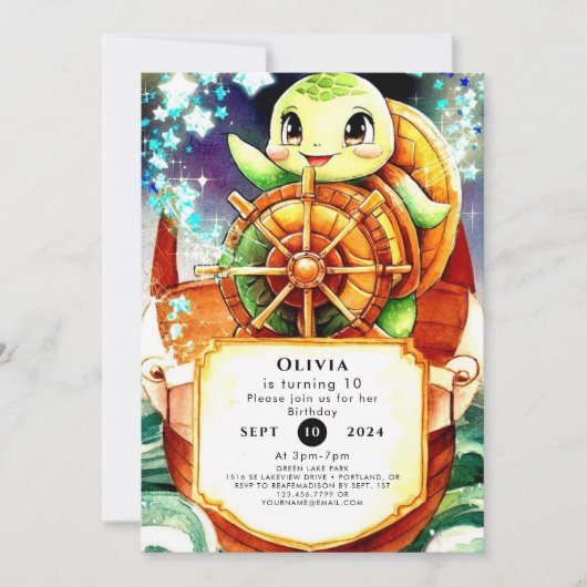 カラフル航海の亀誕生日 招待状 (正面)