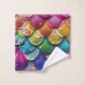 カラフル色の数々のレインボーマーメイドテールプリント バスタオルセット (ウォッシュタオル)