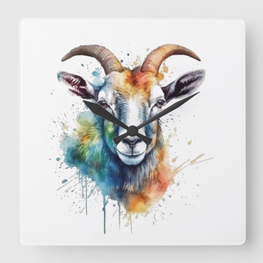 カラフル色彩の鮮やかのヤギ頭 スクエア壁時計 (正面)