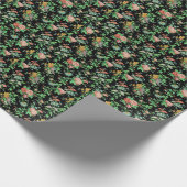カラフル花と葉暗フローラ黒 ラッピングペーパー (角)