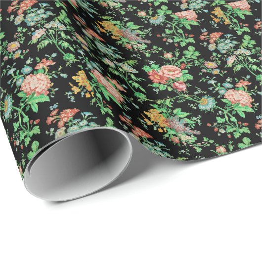カラフル花と葉暗フローラ黒 ラッピングペーパー (ロールコーナー)