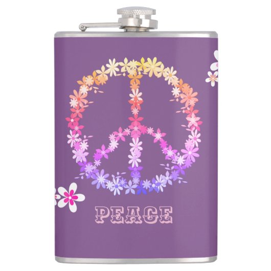 カラフル花の平和サインパーソナライズされた文字 フラスク (正面)