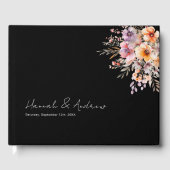 カラフル花の花束結婚、黒 ゲストブック (正面)