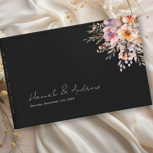 カラフル花の花束結婚、黒 ゲストブック