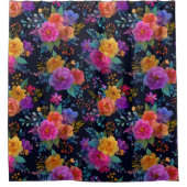 カラフル花エレガント付き黒フローラヴィンテージ シャワーカーテン (正面)