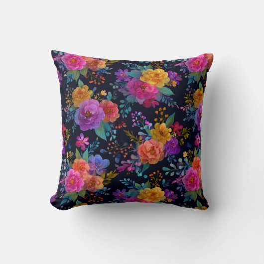 カラフル花エレガント付き黒ヴィンテージフローラ クッション (正面)