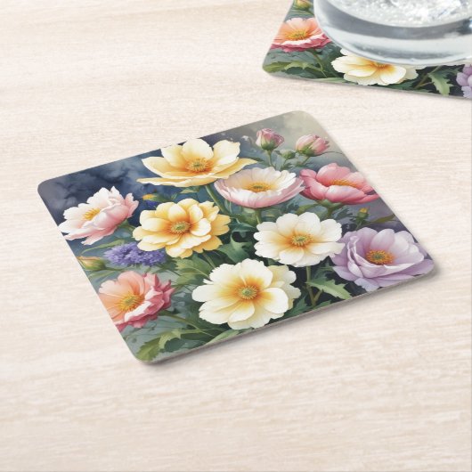 カラフル花エレガント水絵を描色 スクエアペーパーコースター (アングル)