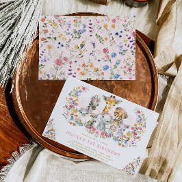 カラフル花ジャングルサファリアニマルズ誕生日 招待状