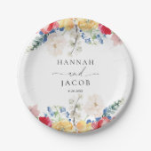 カラフル花パーソナライズされた結婚の ペーパープレート (正面)