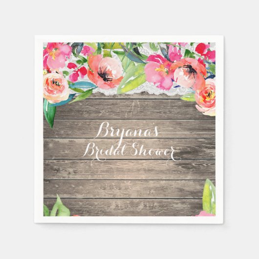 カラフル花モダンフローラシックウッド&レース スタンダードカクテルナプキン (正面)
