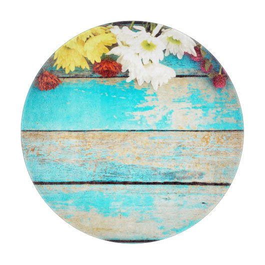 カラフル花ヴィンテージ木製縁ど品 カッティングボード (正面)