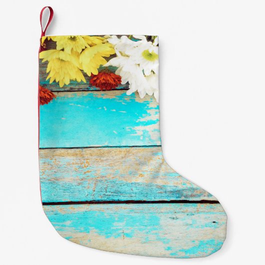 カラフル花ヴィンテージ木製縁ど品 スモールクリスマスストッキング (正面)