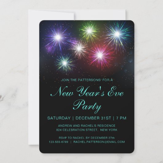 カラフル花火の大晦日パーティーモダン 招待状 (正面)