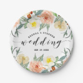 カラフル花縁ど結婚タイポグラフィ ペーパープレート (正面)