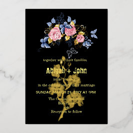 カラフル花金ゴールド結婚の木 箔招待状