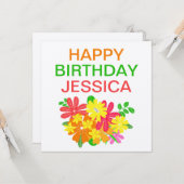 カラフル花離れハッピーバースデー名 カード (正面/裏面インサイチュ)