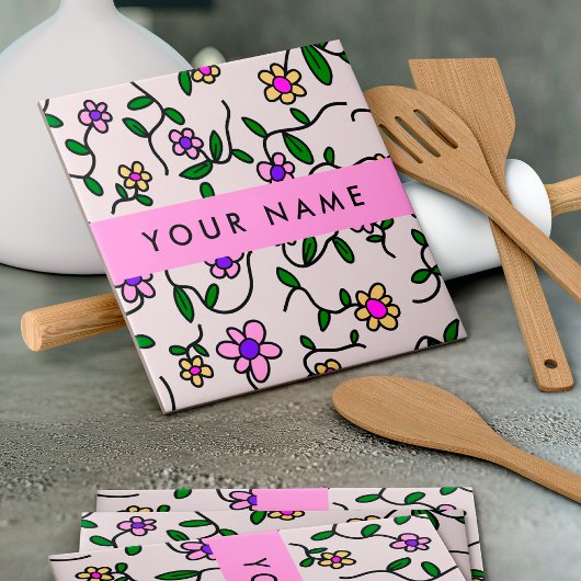 カラフル花、ピンク背景、ピンク タイル