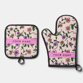 カラフル花、ピンク背景、ピンク 鍋つかみ&鍋敷きセット (正面)