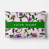 カラフル花、ピンク背景、緑 アクセサリーポーチ (正面)