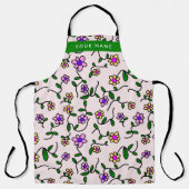 カラフル花、ピンク背景、緑 エプロン (正面)