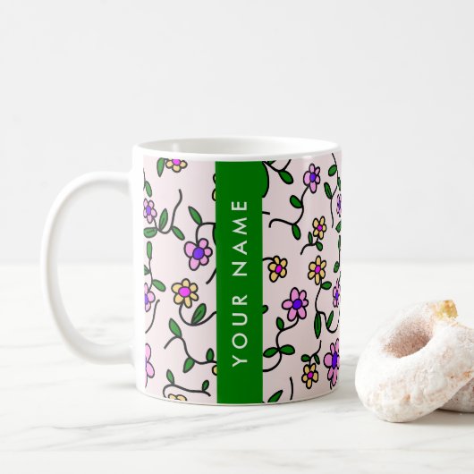 カラフル花、ピンク背景、緑 コーヒーマグカップ (ドーナツ)