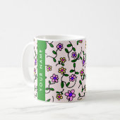 カラフル花、ピンク背景、緑 コーヒーマグカップ (正面左)