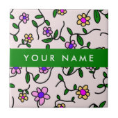 カラフル花、ピンク背景、緑 タイル (正面)