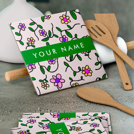 カラフル花、ピンク背景、緑 タイル