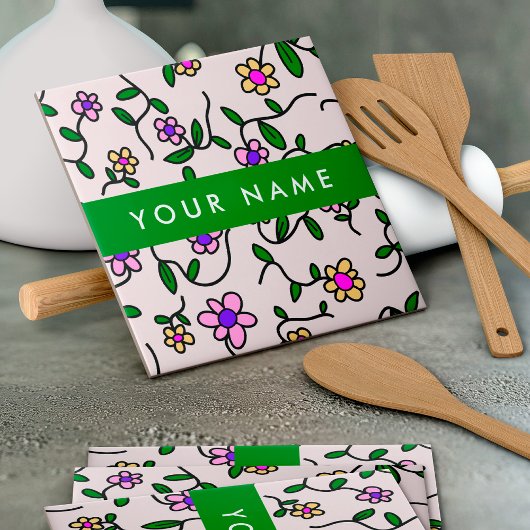 カラフル花、ピンク背景、緑 タイル