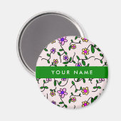 カラフル花、ピンク背景、緑 マグネット (正面/裏面)