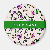 カラフル花、ピンク背景、緑 マグネット (正面)