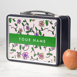 カラフル花、ピンク背景、緑 メタルランチボックス