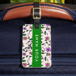 カラフル花、ピンク背景、緑 ラゲッジタグ