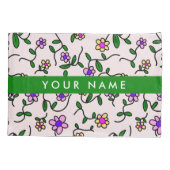 カラフル花、ピンク背景、緑 枕カバー (裏面)