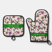 カラフル花、ピンク背景、緑 鍋つかみ&鍋敷きセット (正面)