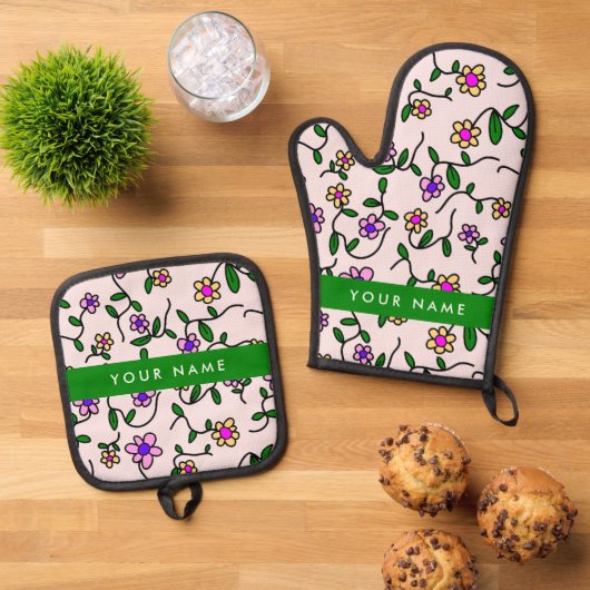 カラフル花、ピンク背景、緑 鍋つかみ&鍋敷きセット (トップダウン)