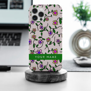 カラフル花、ピンク背景、緑 iPhone 15 PRO MAXケース
