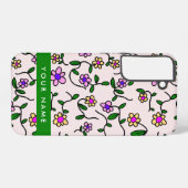 カラフル花、ピンク背景、緑 SAMSUNG GALAXYケース (裏面横)