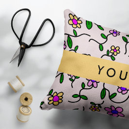 カラフル花、ピンク背景、黄色 アクセントクッション